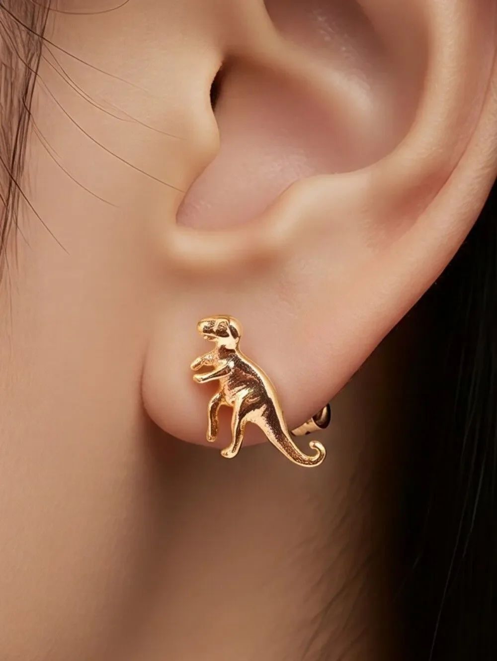 T-Rex Dinosaur Stud Earrings | Gold Zinc Alloy | Punk Vintage Mini Dino Studs